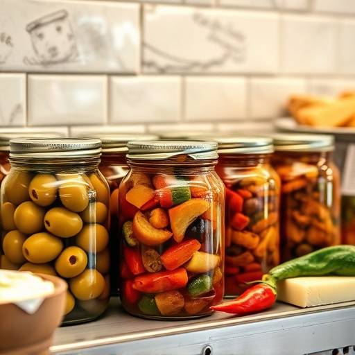 Recipientes de vidrio de diferentes tama&ntilde;os organizados en un estante, conteniendo ingredientes de tapas como aceitunas, pimientos y queso.