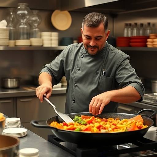 Retrato de Javier Morales, chef especializado en tapas, preparando una paella en una cocina profesional