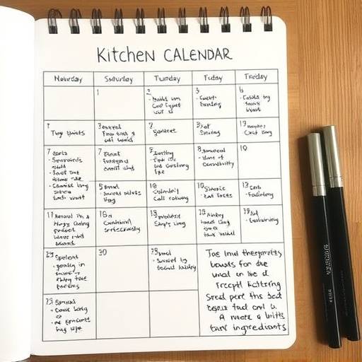 Un calendario de cocina colgado en la pared, mostrando una planificaci&oacute;n semanal de la preparaci&oacute;n de ingredientes para tapas, con notas sobre la compra y la preparaci&oacute;n anticipada.