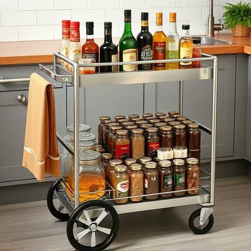 Un carrito de cocina con ruedas lleno de ingredientes comunes para tapas, como aceite de oliva, especias, vinagre y latas de conserva, todo organizado por categor&iacute;as.