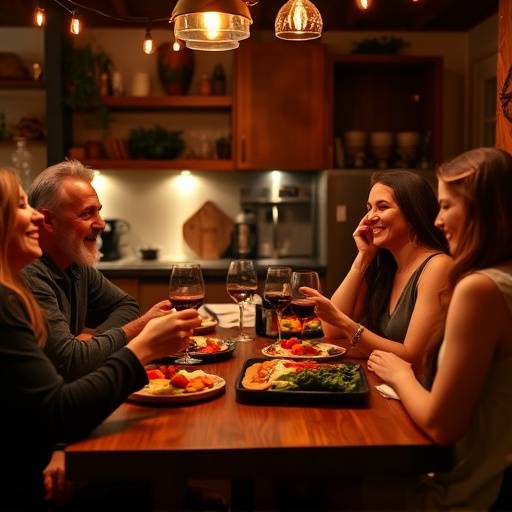 Un grupo de amigos disfrutando de una noche de tapas en una cocina organizada y acogedora, con risas y conversaci&oacute;n animada.