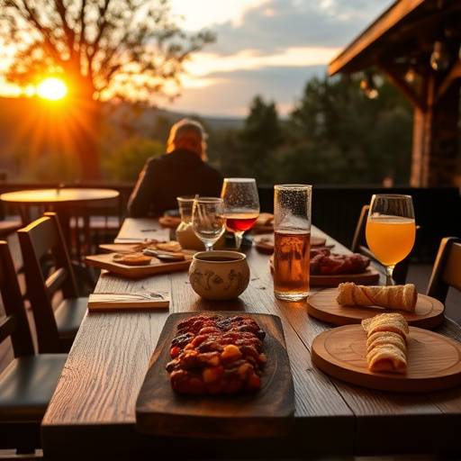 Una mesa con varias tapas dispuestas bajo una luz c&aacute;lida de atardecer, mostrando platos peque&ntilde;os y tablas de madera